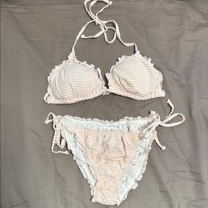 H&M Pink and White Bikini Set with Triangle Top and String Bottom